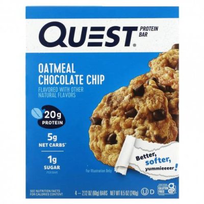 Quest Nutrition, Протеиновый батончик, овсянка и шоколадная крошка, 4 батончика по 60 г (2,12 унции) / Молочные белковые батончики | Аптека | V4.Ru: Маркетплейс