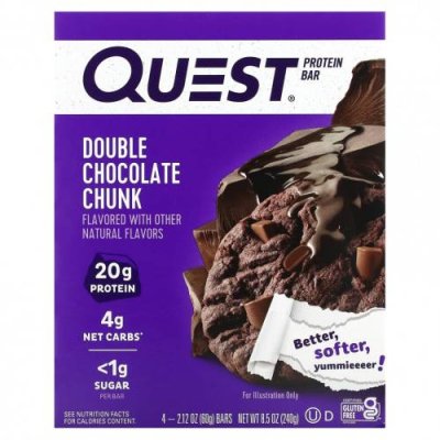 Quest Nutrition, Протеиновый батончик, двойные кусочки шоколада, 4 батончика, 60 г (2,12 унции) / Молочные белковые батончики | Аптека | V4.Ru: Маркетплейс