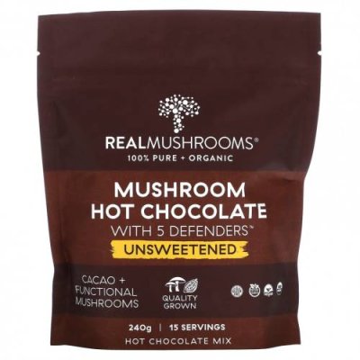 Real Mushrooms, Горячий шоколад с грибами и 5 защитниками, несладкий, 240 г / Горячий шоколад и какао | Аптека | V4.Ru: Маркетплейс