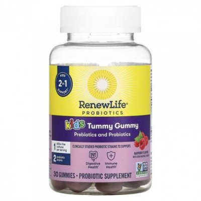 Renew Life, Kids Tummy Gummy, Prebiotics and Probiotics, Raspberry, 30 Gummies / Пробиотики для детей | Аптека | V4.Ru: Маркетплейс