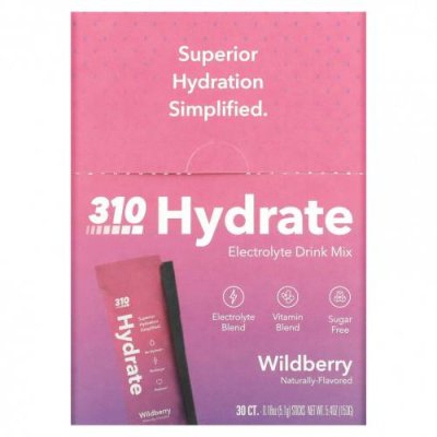 310 Nutrition, Hydrate, смесь для приготовления электролитов, лесная ягода, 30 стиков по 5,1 г (0,18 унции) / Гидратация и электролиты | Аптека | V4.Ru: Маркетплейс