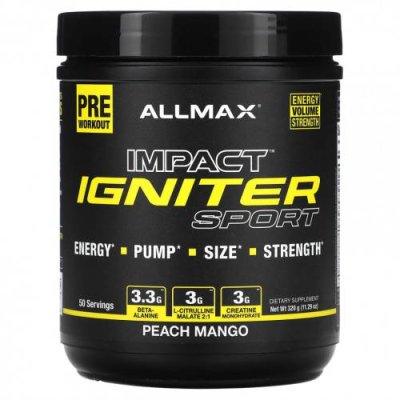 ALLMAX, IMPACT Igniter Sport, перед тренировкой, персик и манго, 320 г (11,29 унции) / Кофеин | Аптека | V4.Ru: Маркетплейс