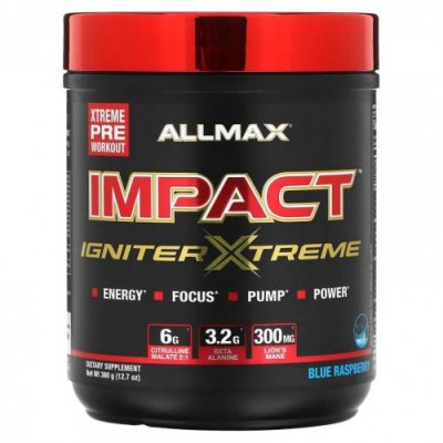 ALLMAX, IMPACT Igniter Xtreme, Pre-Workout, Blue Raspberry, 12.7 oz (360 g) / Кофеин | Аптека | V4.Ru: Маркетплейс