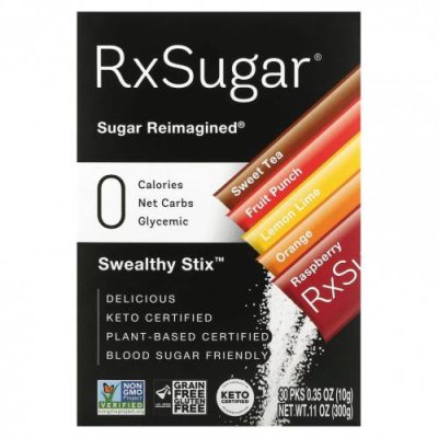 RxSugar, Swealthy Stix, Sweet Tea, фруктовый пунш, лимон и лайм, апельсин, малина, 30 пакетиков по 10 г (0,35 унции) / Сахар, продукты | Аптека | V4.Ru: Маркетплейс