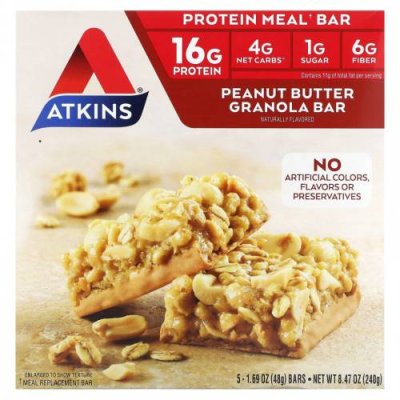 Atkins, Protein Meal Bar, батончик-гранола с арахисовой пастой, 5 батончиков, 50 г (1,76 унции) / Батончики, заменяющие прием пищи | Аптека | V4.Ru: Маркетплейс