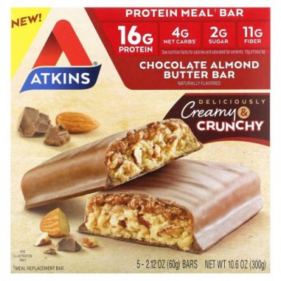 Atkins, Protein Meal Bar, батончик с шоколадным и миндальным маслом, 5 батончиков по 60 г (2,12 унции) / Батончики, заменяющие прием пищи | Аптека | V4.Ru: Маркетплейс