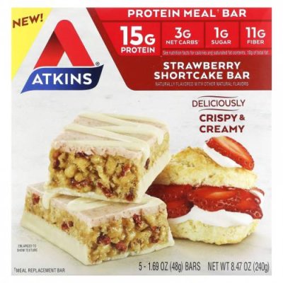 Atkins, Protein Meal Bar, батончик с клубничным пирожным, 5 батончиков, 48 г (1,69 унции) / Батончики, заменяющие прием пищи | Аптека | V4.Ru: Маркетплейс