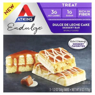 Atkins, Treat, Endulge, десертный батончик, торт Dulce De Leche, 5 батончиков по 34 г (1,2 унции) / Шоколад и сладости | Аптека | V4.Ru: Маркетплейс