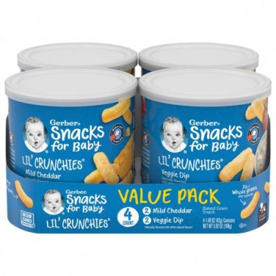 Gerber, Snacks for Baby, маленькие хрустящие хлопья, снеки из запеченных злаков, от 8 месяцев, мягкий чеддер и вегетарианский соус, 4 канистры по 42 г (1,48 унции) / Снеки, батончики и продукты, которые едят руками | Аптека | V4.Ru: Маркетплейс