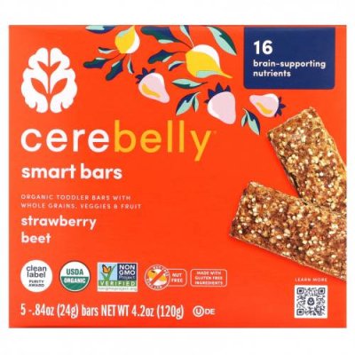 Cerebelly, Smart Bars, Organic Toddler Bars, Strawberry Beet, 5 Bars, 0.84 oz (24 g) Each / Снеки, батончики и продукты, которые едят руками | Аптека | V4.Ru: Маркетплейс