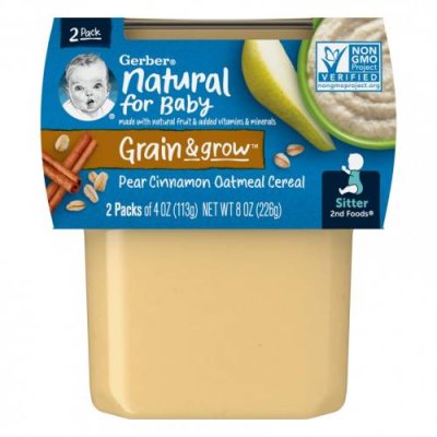 Gerber, Natural for Baby, Grain & Grow, 2nd Foods, овсяные хлопья с грушей, корицей, 2 пакетика по 113 г (4 унции) / Еда в пакетах, пюре и другие блюда | Аптека | V4.Ru: Маркетплейс