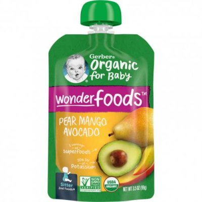 Gerber, Organic for Baby, Wonderfoods, 2nd Foods, груша, манго, авокадо, 99 г (3,5 унции) / Еда в пакетах, пюре и другие блюда | Аптека | V4.Ru: Маркетплейс