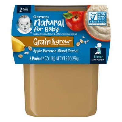 Gerber, Natural for Baby, Grain & Grow, 2nd Foods, смесь хлопьев с яблоком и бананом, 2 пакетика по 113 г (4 унции) / Еда в пакетах, пюре и другие блюда | Аптека | V4.Ru: Маркетплейс