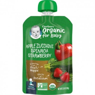 Gerber, Organic for Baby, 2nd Foods, яблоко, цукини, шпинат и клубника, 99 г (3,5 унции) / Еда в пакетах, пюре и другие блюда | Аптека | V4.Ru: Маркетплейс