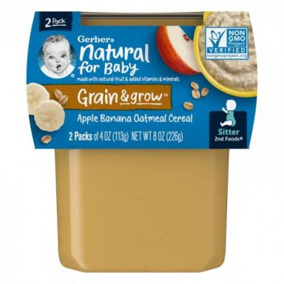 Gerber, Natural for Baby, Grain & Grow, 2nd Foods, яблоко, банан и овсяные хлопья, 2 пакетика по 113 г (4 унции) / Еда в пакетах, пюре и другие блюда | Аптека | V4.Ru: Маркетплейс