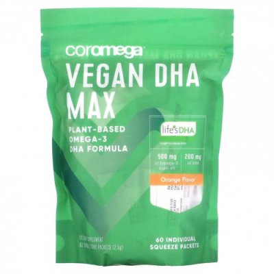 Coromega, Vegan DHA Max, апельсин, 60 индивидуальных пакетиков по 2,5 г / ДГК | Аптека | V4.Ru: Маркетплейс