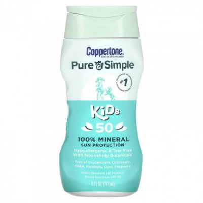 Coppertone, Pure & Simple, для детей, 100% минеральная защита от солнца, SPF 50, 177 мл (6 жидк. Унций) / Детские солнцезащитные средства | Аптека | V4.Ru: Маркетплейс