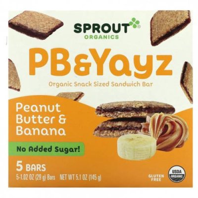 Sprout Organics, PB & Yayz, органический сэндвич-батончик для снеков, арахисовое масло и банан, 5 батончиков, 29 г (1,02 унции) / Снеки, батончики и продукты, которые едят руками | Аптека | V4.Ru: Маркетплейс