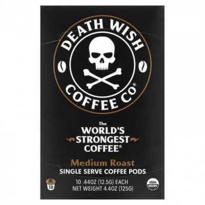 Death Wish Coffee, The World's Strongest Coffee, кофейные капсулы для одной порции, средней обжарки, 10 капсул по 12,5 г (44 унции) / Кофе средней степени обжарки | Аптека | V4.Ru: Маркетплейс