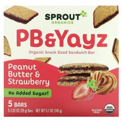 Sprout Organics, PB & Yayz, органический сэндвич-батончик для снеков, с арахисовым маслом и клубникой, 5 батончиков, 29 г (1,02 унции) / Снеки, батончики и продукты, которые едят руками | Аптека | V4.Ru: Маркетплейс