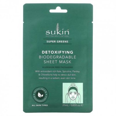 Sukin, Super Greens, детоксифицирующая биоразлагаемая тканевая маска, 1 шт., 25 мл (0,85 жидк. Унции) / Тканевые маски | Аптека | V4.Ru: Маркетплейс