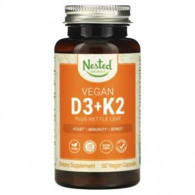 Nested Naturals, Веганские витамины D3 + K2 и листья крапивы, 60 веганских капсул / Витамин D | Аптека | V4.Ru: Маркетплейс