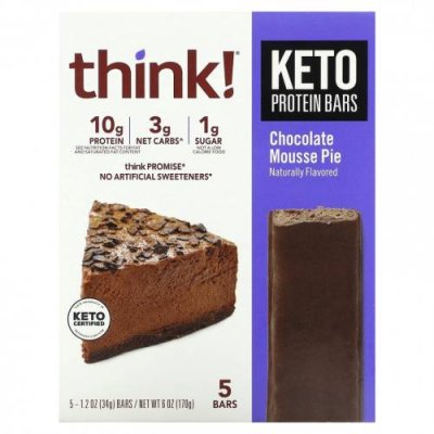 Think !, Keto Protein Bars, шоколадный муссовый пирог, 5 батончиков по 34 г (1,2 унции) / Протеиновые батончики | Аптека | V4.Ru: Маркетплейс