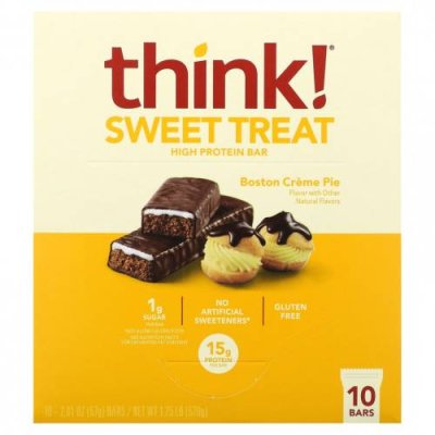 Think !, Батончик с высоким содержанием белка Sweet Treat, бостонский кремовый пирог, 10 батончиков, 57 г (2,1 унции) / Соевые белковые батончики | Аптека | V4.Ru: Маркетплейс