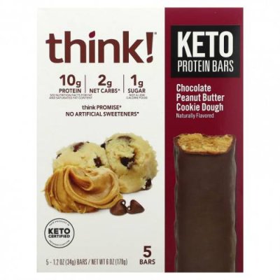 Think !, Keto Protein Bars, шоколадное печенье с арахисовым маслом, 5 батончиков, 34 г (1,2 унции) / Протеиновые батончики | Аптека | V4.Ru: Маркетплейс