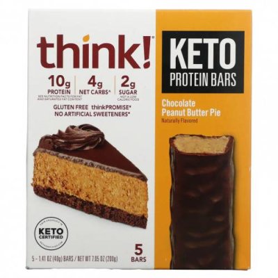 Think !, Keto Protein Bars, шоколадный пирог с арахисовой пастой, 5 батончиков, 40 г (1,41 унции) каждый / Батончики с сывороточным белком | Аптека | V4.Ru: Маркетплейс