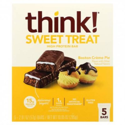 Think !, Sweet Treat, батончик с высоким содержанием протеина, бостонский кремовый пирог, 5 батончиков, 57 г (2,01 унции) / Соевые белковые батончики | Аптека | V4.Ru: Маркетплейс