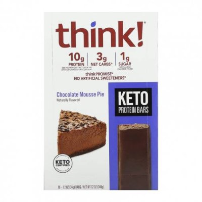 Think !, Keto Protein Bars, шоколадный муссовый пирог, 10 батончиков по 34 г (1,2 унции) / Батончики с сывороточным белком | Аптека | V4.Ru: Маркетплейс