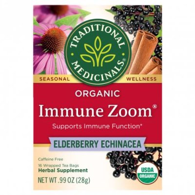 Traditional Medicinals, Organic Immune Zoom, Elderberry Echinacea, Caffeine Free, 16 Wrapped Tea Bags, 0.06 oz (1.75 g) Each / Лечебные чаи | Аптека | V4.Ru: Маркетплейс