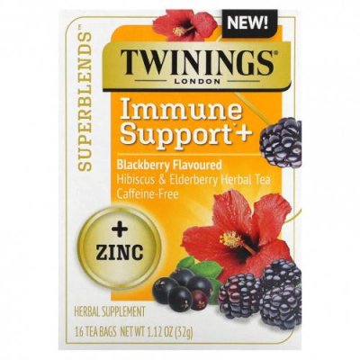 Twinings, Superblends, Immune Support, травяной чай из гибискуса и бузины, ежевика, без кофеина, 16 чайных пакетиков, 32 г (1,12 унции) / Травяной чай | Аптека | V4.Ru: Маркетплейс