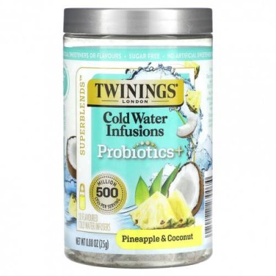 Twinings, Superblends, настои из холодной воды, пробиотики, ананас и кокос, без кофеина, 10 шт. Для заваривания в холодной воде, 25 г (0,88 унции) / Сливки и усилители вкуса | Аптека | V4.Ru: Маркетплейс