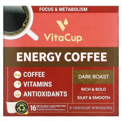 VitaCup, Energy Coffee, темная обжарка, 16 чашек по 11 г (0,39 унции) / Кофе тёмного способа обжаривания | Аптека | V4.Ru: Маркетплейс