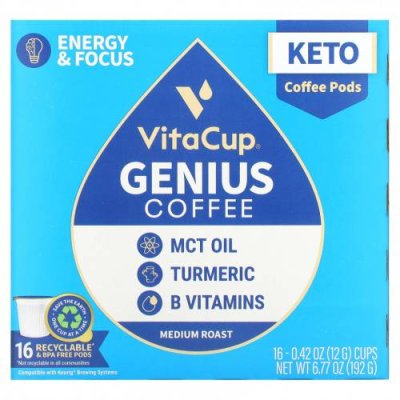 VitaCup, Genius Coffee, средней обжарки, 16 чашек по 12 г (0,42 унции) / Кофе средней степени обжарки | Аптека | V4.Ru: Маркетплейс