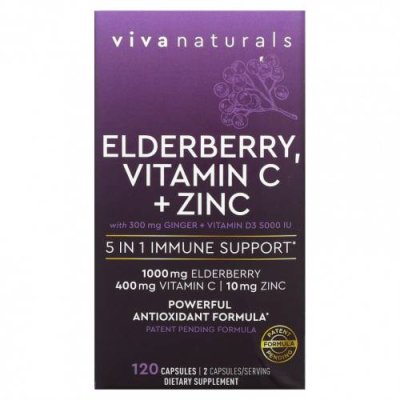 Viva Naturals, Elderberry, витамин C и цинк, поддержка иммунитета 5 в 1, 120 капсул / Бузина (Sambucus) | Аптека | V4.Ru: Маркетплейс