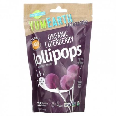 YumEarth, Ultimate, Organic Elderberry Lollipops, 15 Lollipops, 3.3 oz (93 g) / Леденцы | Аптека | V4.Ru: Маркетплейс