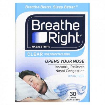 Breathe Right, Полоски для носа, прозрачные для чувствительной кожи, большие, 30 прозрачных полосок / Аптечка и средства первой помощи | Аптека | V4.Ru: Маркетплейс