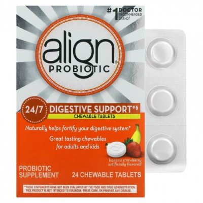 Align Probiotics, 24/7 для поддержки пищеварения, банан и клубника, 24 жевательные таблетки / Бифидобактерии | Аптека | V4.Ru: Маркетплейс