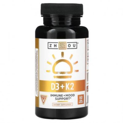 Zhou Nutrition, K2 + D3, поддержка 2-в-1, 60 вегетарианских капсул / D3 (холекальциферол) | Аптека | V4.Ru: Маркетплейс