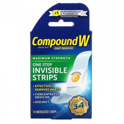 Compound W, Средство для удаления бородавок, One Step Invisible Strips, максимальная сила действия, 14 лечебных полосок / Аптечка и средства первой помощи | Аптека | V4.Ru: Маркетплейс