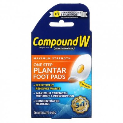 Compound W, Средство для удаления бородавок, One Step Plantar Foot Pads, максимальная сила действия, 20 лечебных подушечек / Средства для ухода за руками и ногами | Аптека | V4.Ru: Маркетплейс