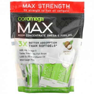 Coromega, Max High Concentrate Omega-3 Fish Oil, Coconut Bliss, 90 выжимок, 2,5 г каждый / Рыбий жир омега-3 | Аптека | V4.Ru: Маркетплейс