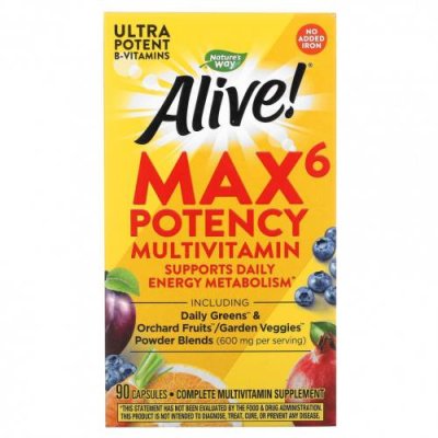 Nature's Way, Alive! Max6 Potency, мультивитамины повышенной эффективности, без добавления железа, 90 капсул / Мультивитамины | Аптека | V4.Ru: Маркетплейс