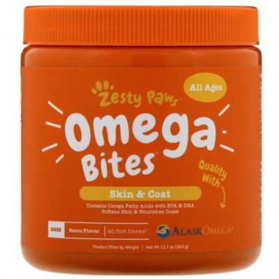 Zesty Paws, Omega Bites, добавка для собак, для здоровья кожи и шерсти животных, с ароматизатором «Бекон», 90 мягких жевательных таблеток / Омега и масла для питомцев | Аптека | V4.Ru: Маркетплейс