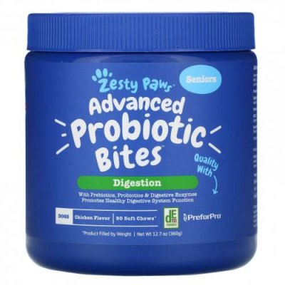 Zesty Paws, Advanced Probiotic Bites для собак, пищеварение, пожилые люди, куриный вкус, 90 мягких жевательных кусочков, 12,7 унций (360 г) / Пробиотики для питомцев | Аптека | V4.Ru: Маркетплейс