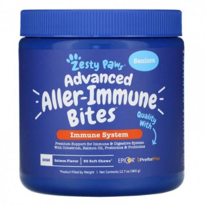 Zesty Paws, Advanced Aller-Immune Bites для собак, иммунная система, для пожилых людей, со вкусом лосося, 90 жевательных таблеток, 360 г (12,7 унции) / Добавки для питомцев | Аптека | V4.Ru: Маркетплейс