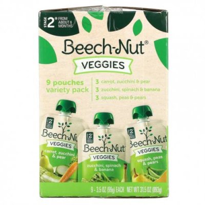 Beech-Nut, Veggies, Variety Pack, этап 2, 9 пакетиков, 99 г (3,5 унции) / Еда в пакетах, пюре и другие блюда | Аптека | V4.Ru: Маркетплейс